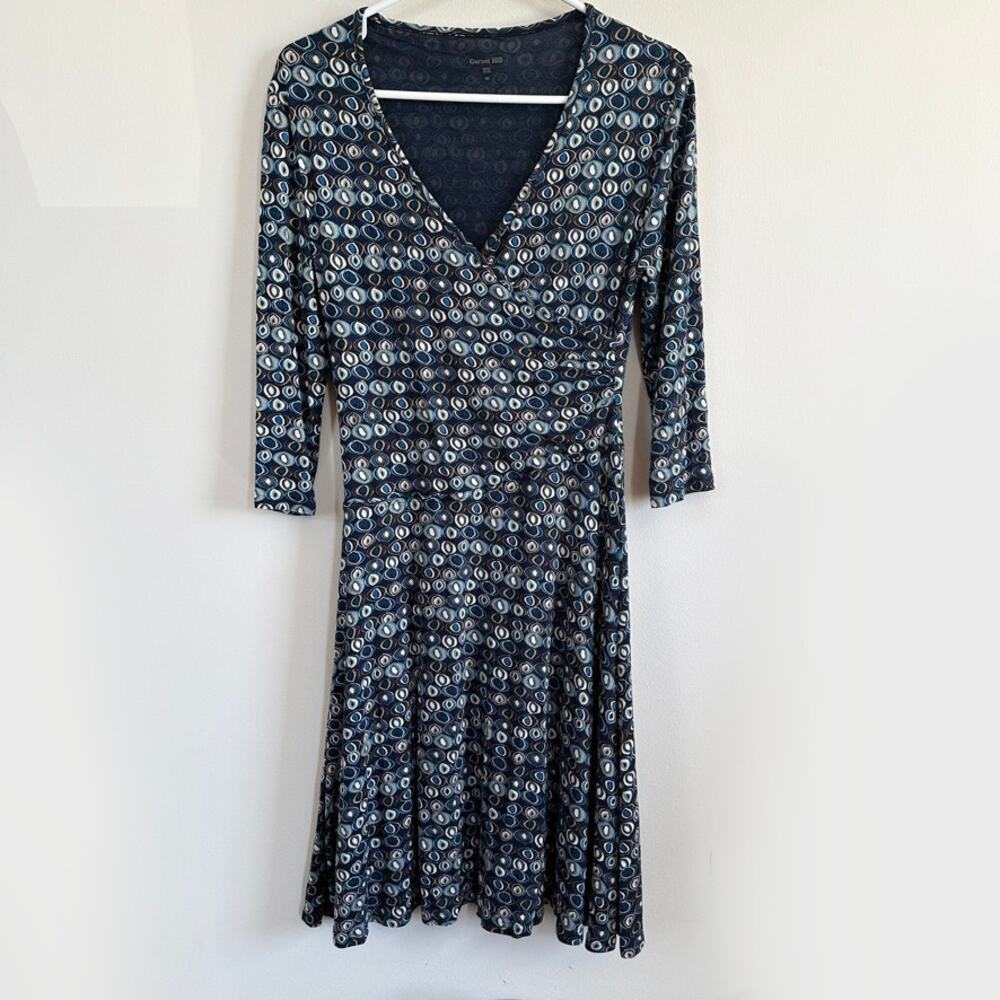 Garnet Hill Brianna Circles Surplice Knit Faux Wrap Dress V-Neck 3/4 Sleeve XS